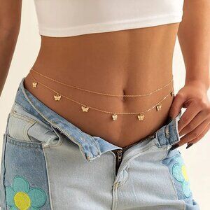 Gold Butterfly Body Chain, Crystal Waist Belly Chain Jewelry Rhinestones, Cute